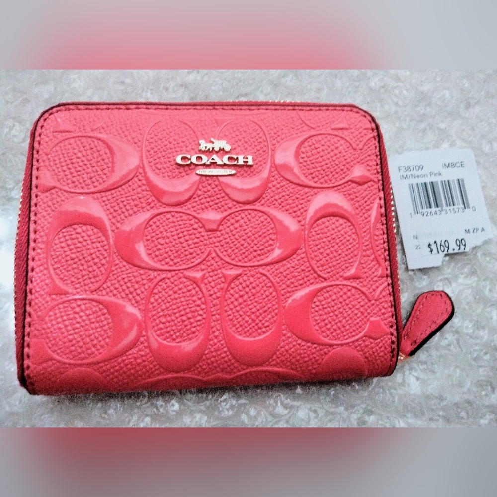 Coach Neon Pink Embossed Zipper Wallet Clutch - Picture 2 of 11